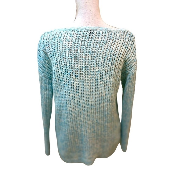 Talbots open weave aqua marled scoop neck cotton sweater side slits medium p - Picture 7 of 10